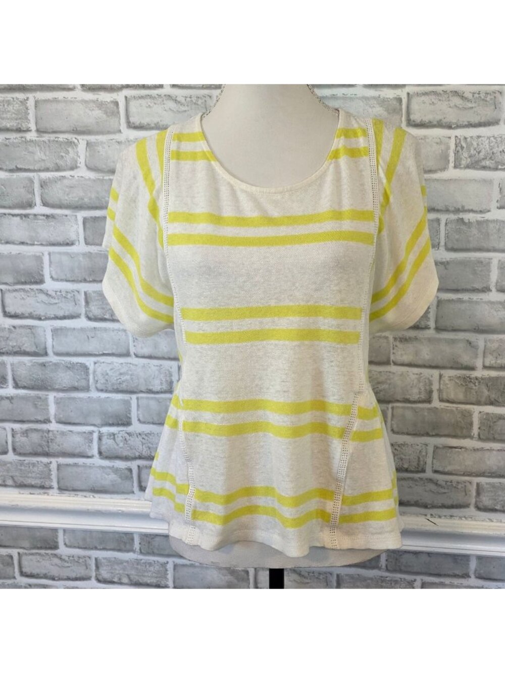 Anthropologie Postmark Linen Cotton Beach Yellow Striped  Knit Peplum Top S
